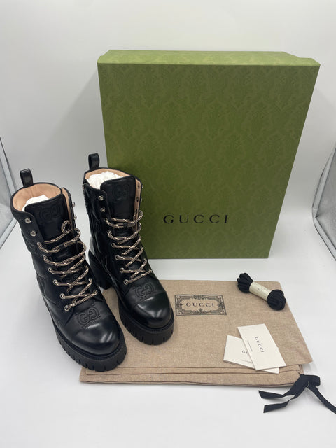 Gucci Womens GG Matelasse Lace-Up Boots