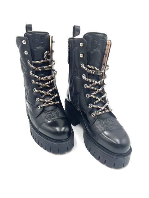 Gucci Womens GG Matelasse Lace-Up Boots