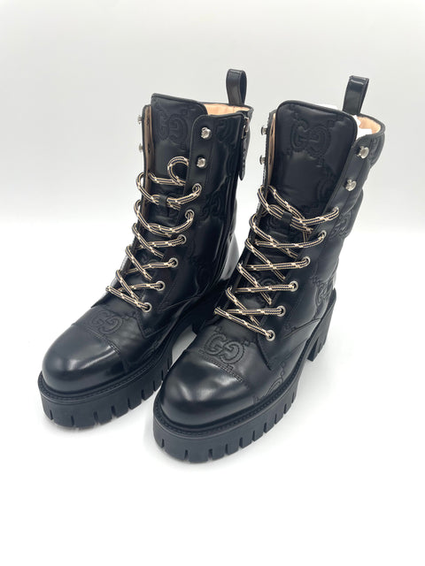 Gucci Womens GG Matelasse Lace-Up Boots