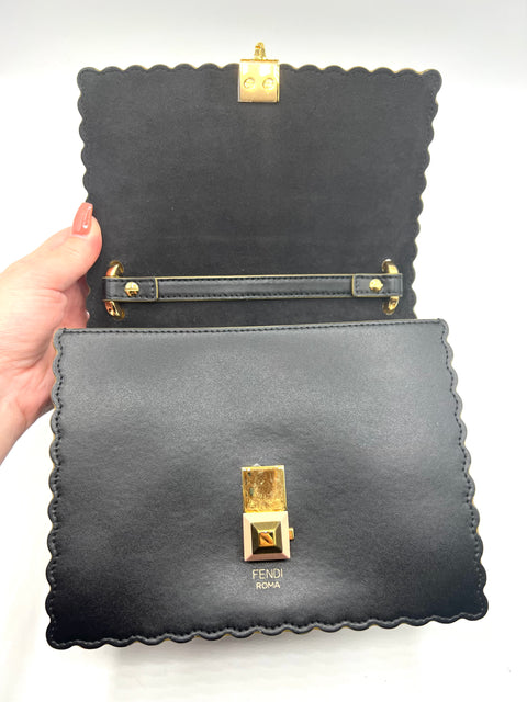 Fendi Black Leather Scalloped Kan I Shoulder Bag