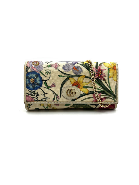 Gucci Flora Leather and Canvas Wallet on Chain