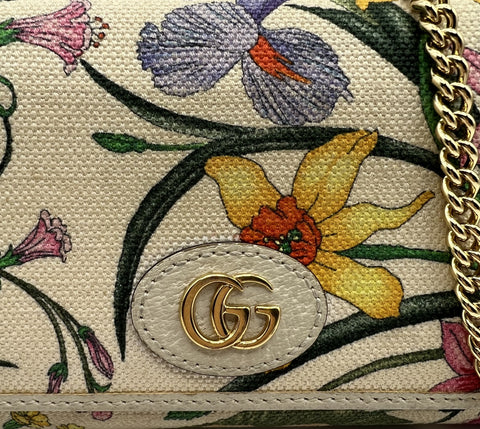 Gucci Flora Leather and Canvas Wallet on Chain