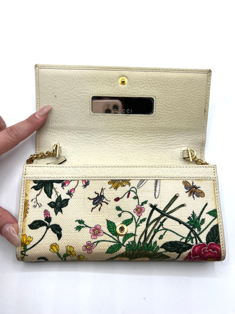 Gucci Flora Leather and Canvas Wallet on Chain