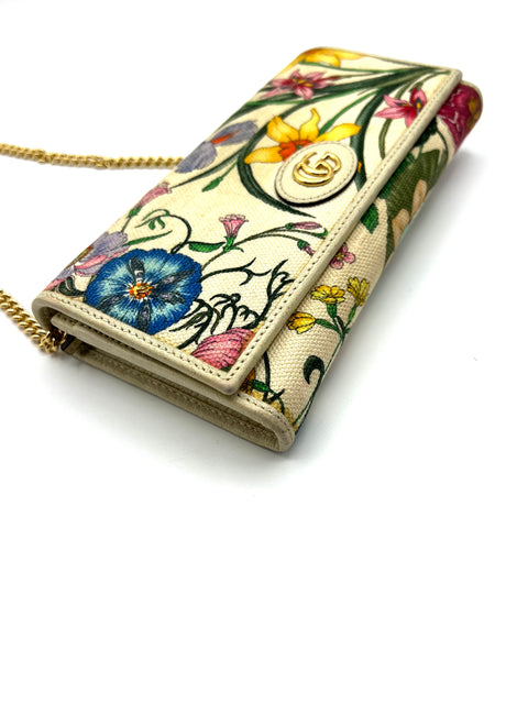 Gucci Flora Leather and Canvas Wallet on Chain